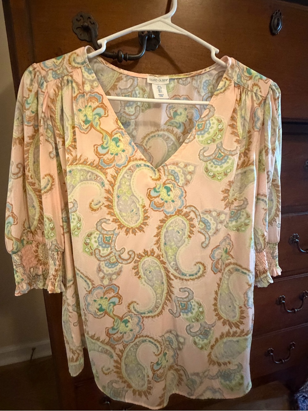 Sigrid Olsen Peach Paisley V-Neck Blouse with Mint and Light Blue Accents